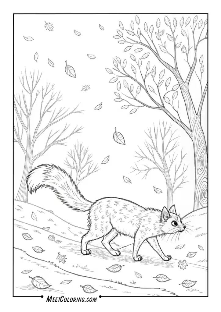 Autumn Cat with Falling Leaves