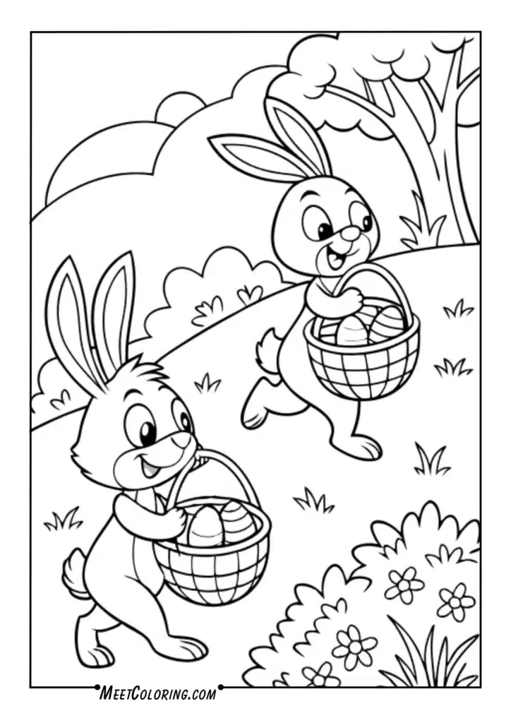 Cartoon bunnies on egg hunts