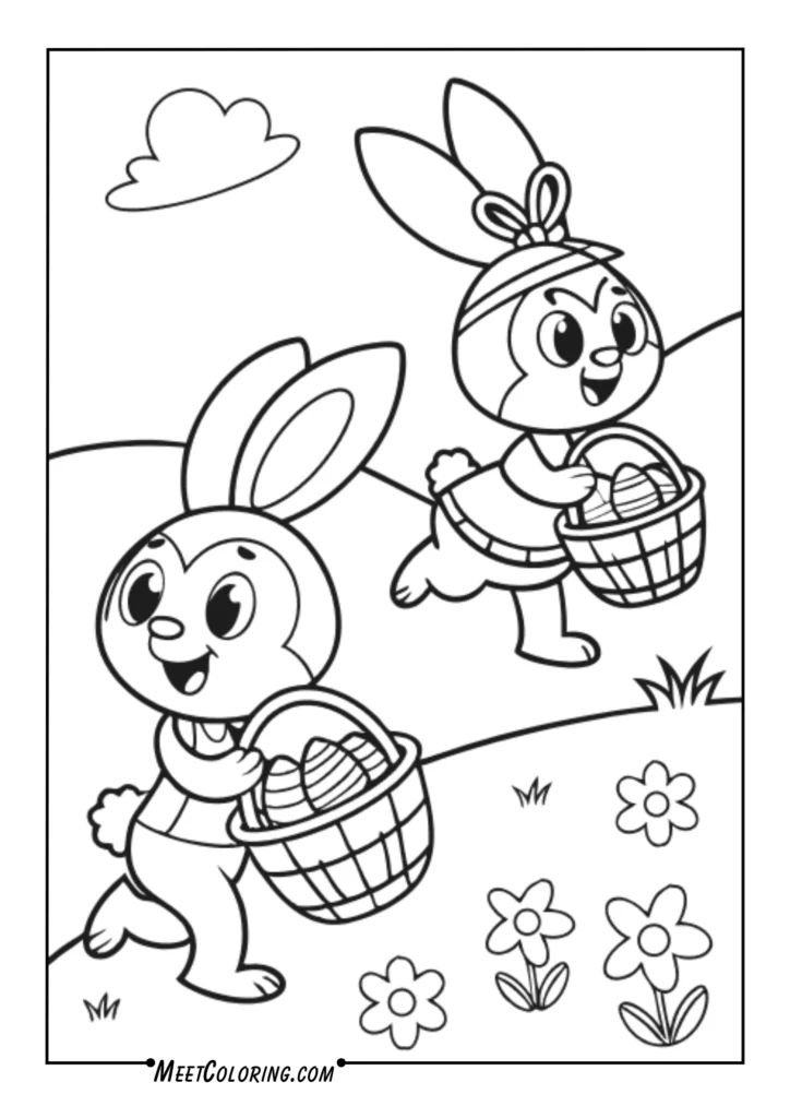 Cute cartoon bunnies delivering eggs