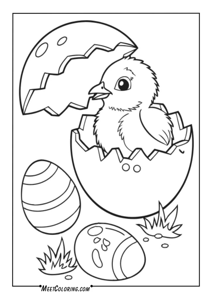 Fluffy chicks cracking out of eggshells