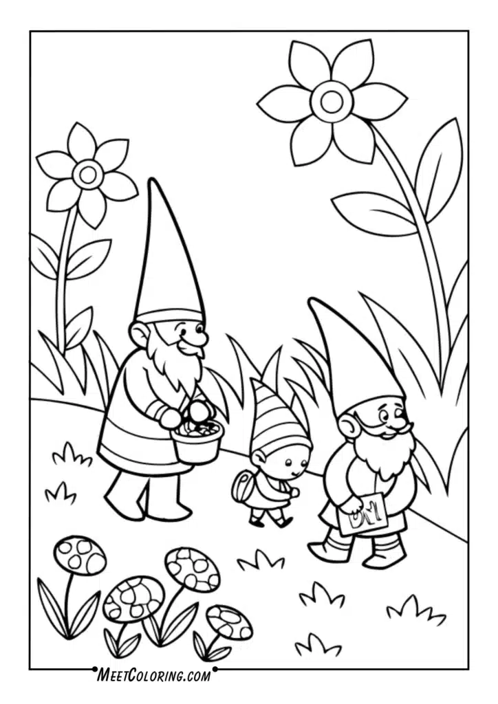 Gnome families in flower gardens
