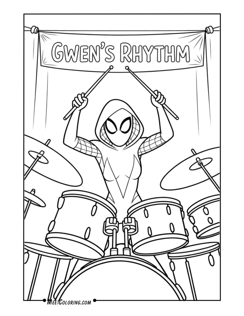 Gwen Stacy Playing the Drums in Her Spider Suit
