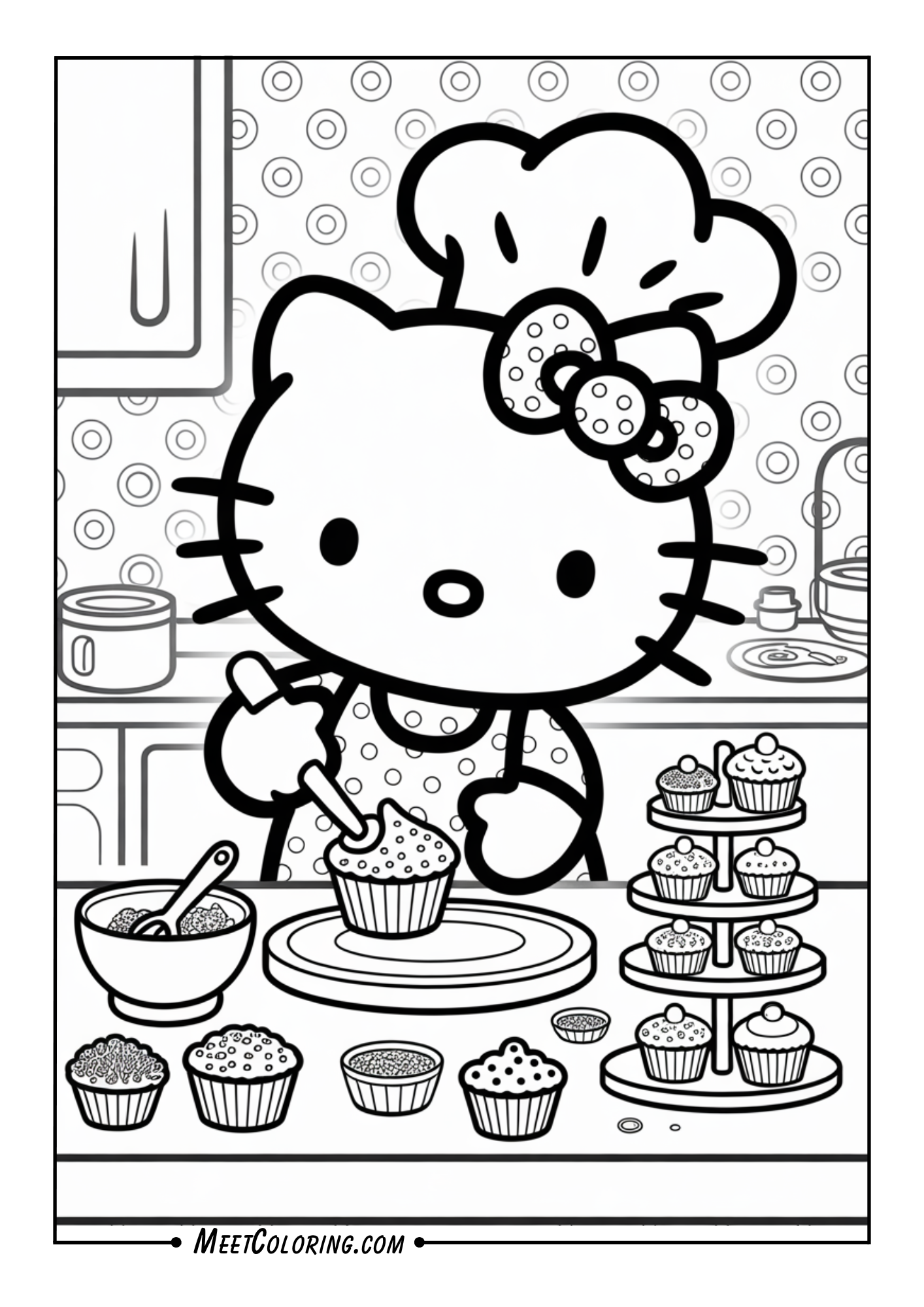 Hello Kitty baking cupcakes with an apron and chef’s hat