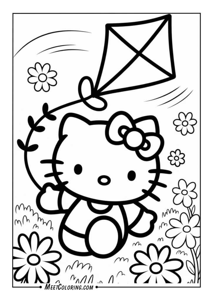 Hello Kitty flying a kite on a breezy day