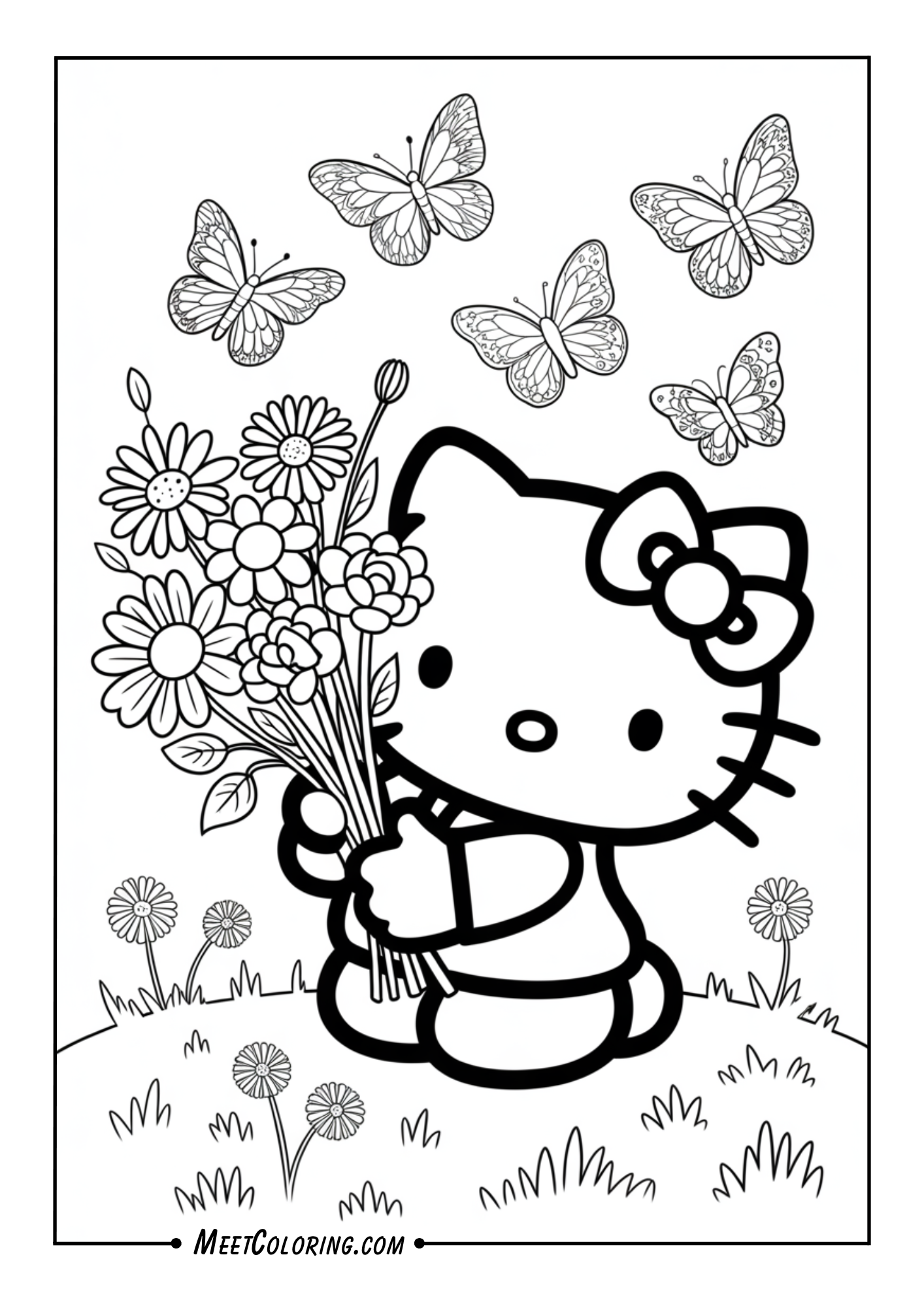 Hello Kitty holding a bouquet of flowers