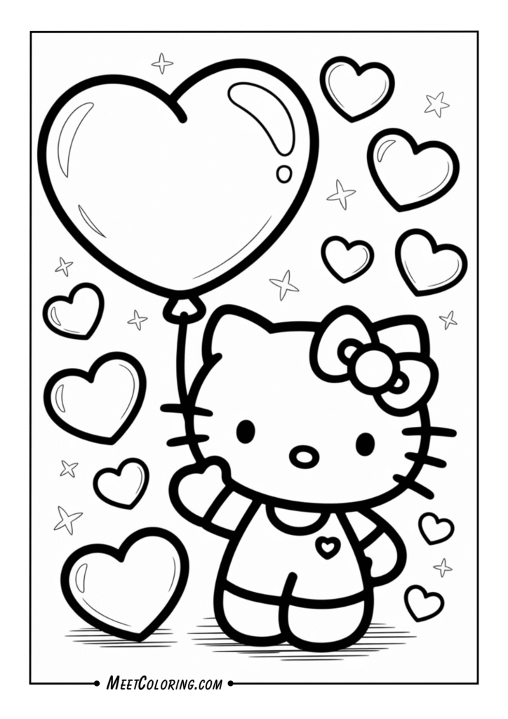 Hello Kitty holding a giant heart-shaped balloon