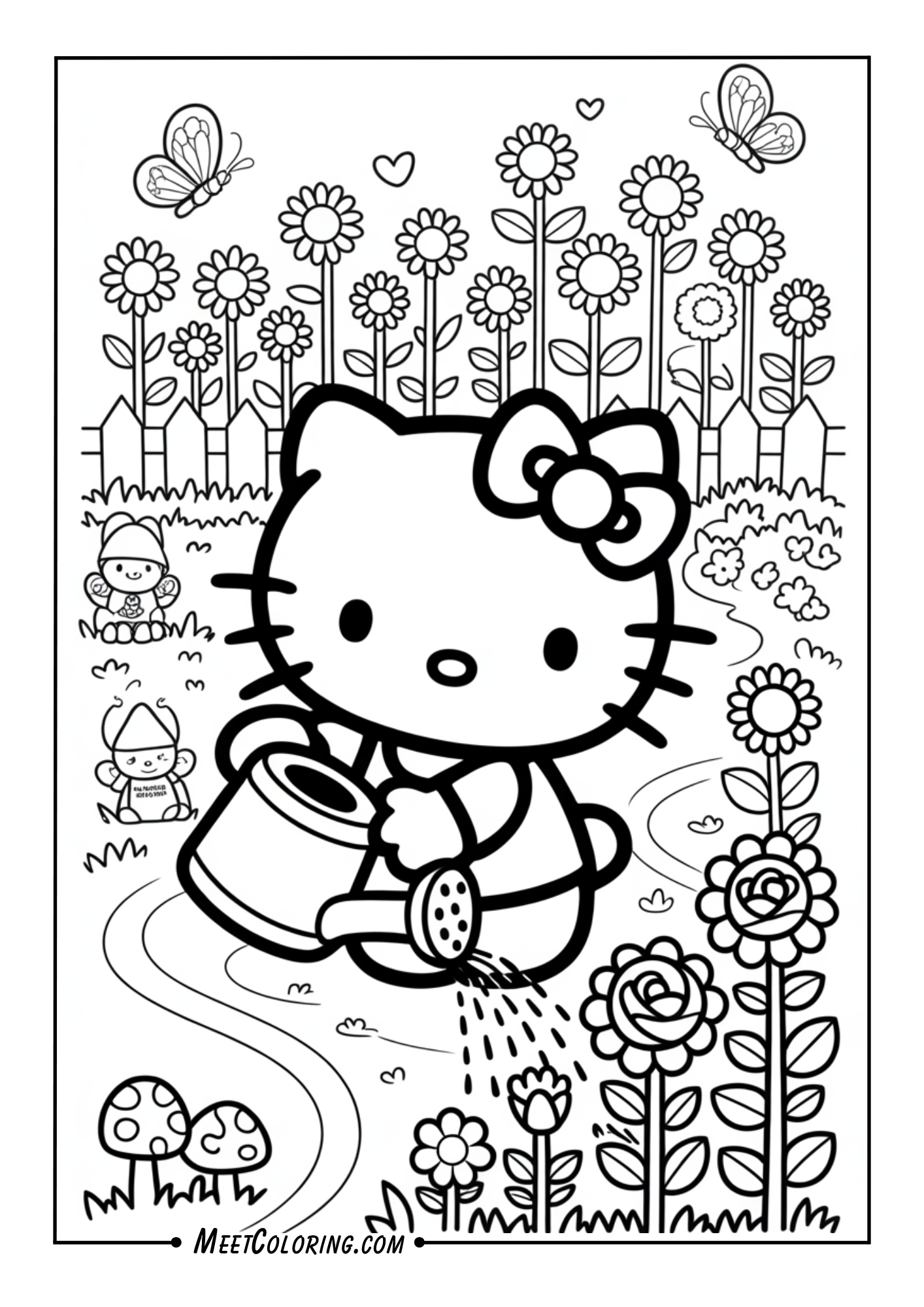 Hello Kitty in a garden, watering flowers