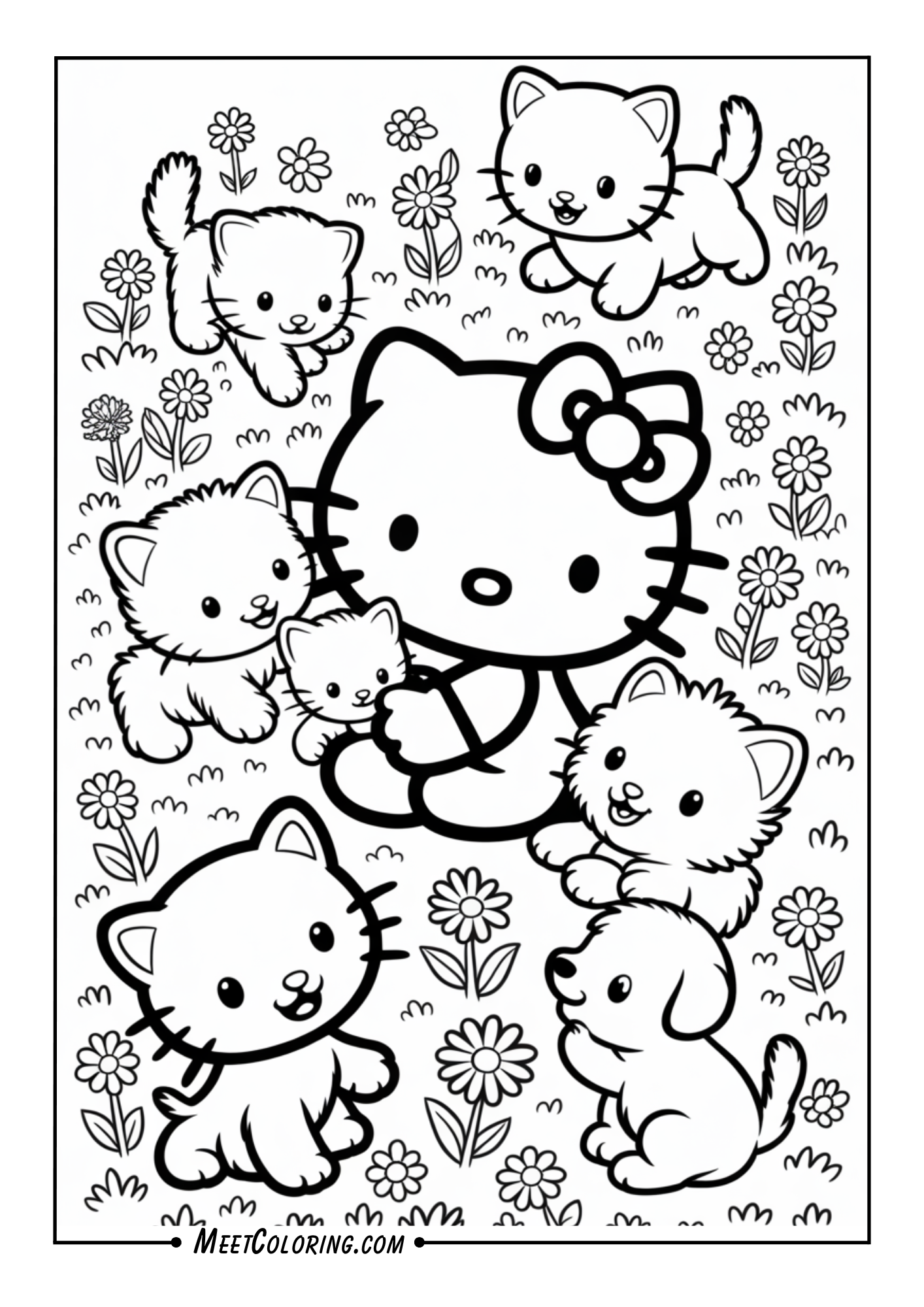 Hello Kitty playing with kittens and puppies