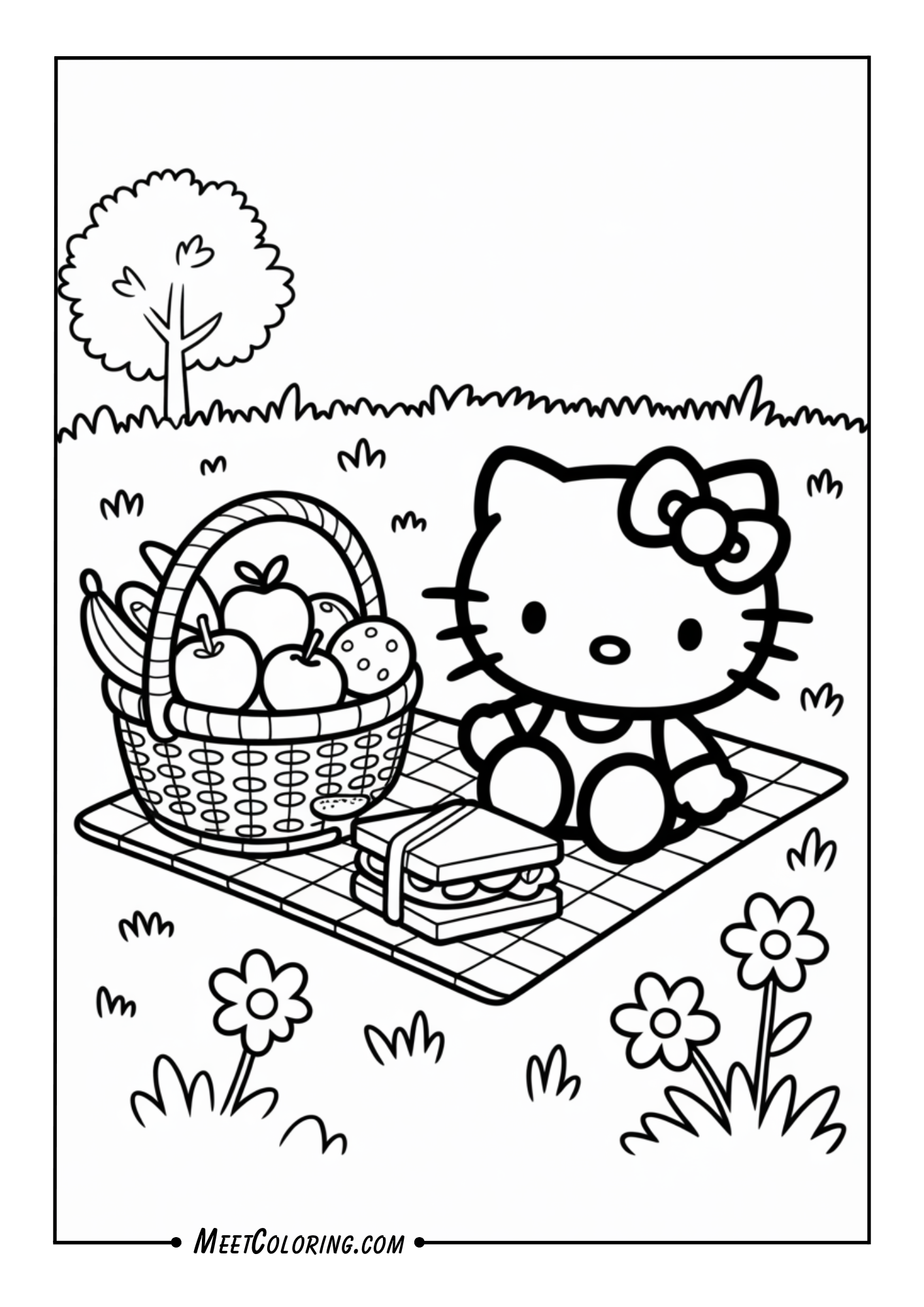 Hello Kitty sitting at a picnic blanket