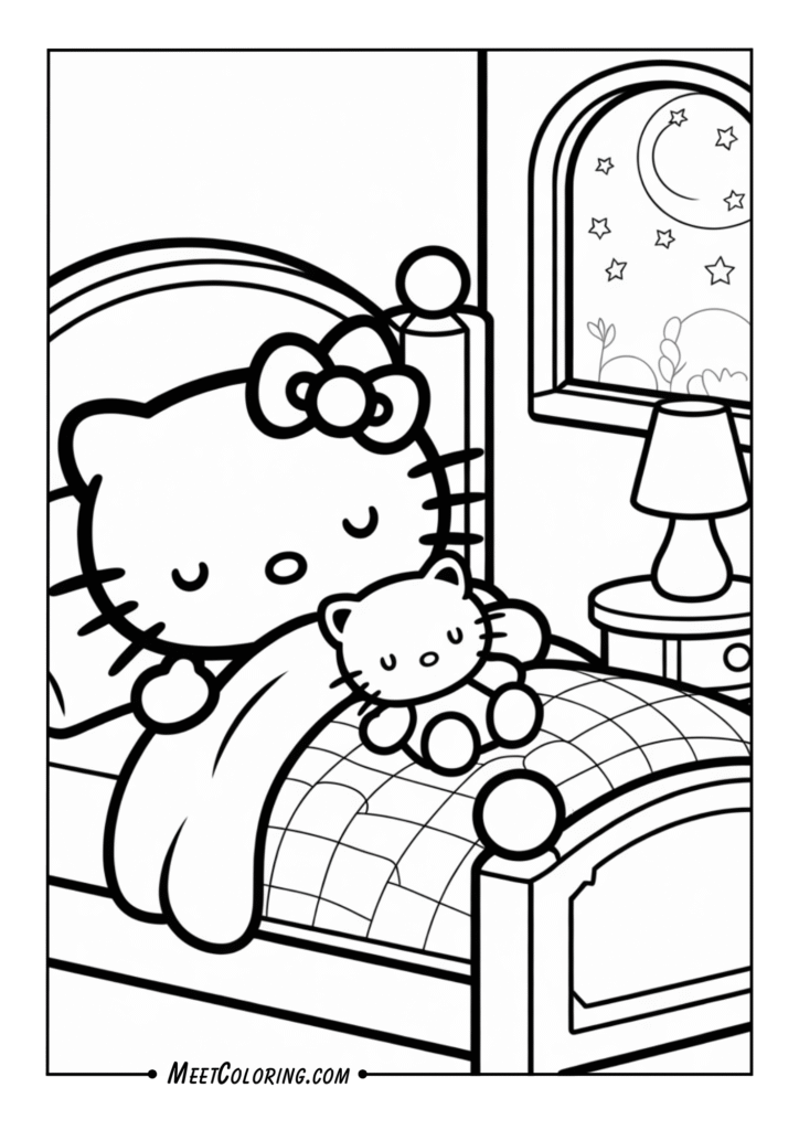 Hello Kitty snuggled in bed with a teddy bear