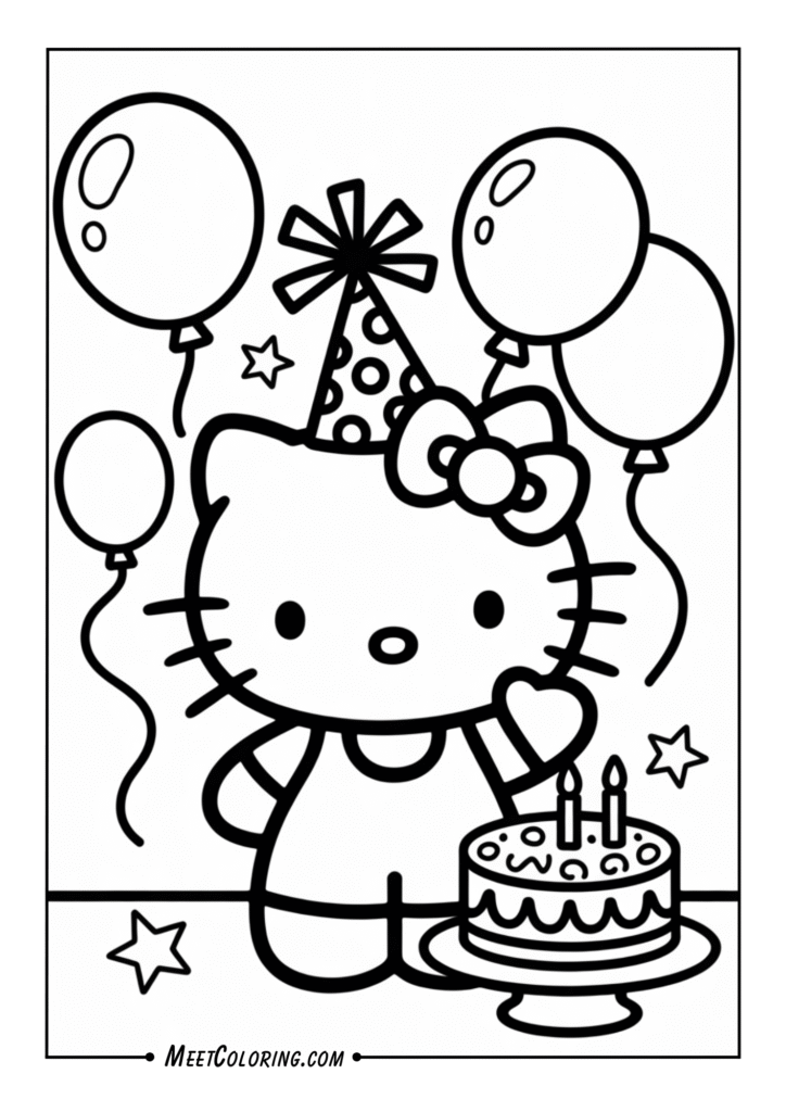 Hello Kitty surrounded by balloons and confetti