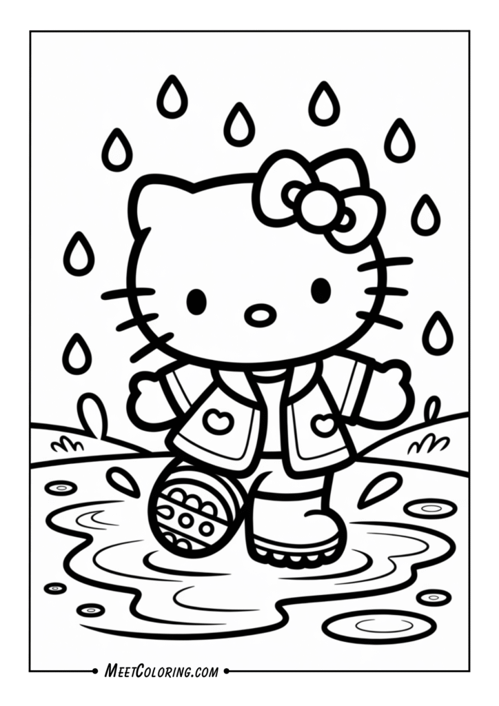 Hello Kitty wearing a raincoat and boots