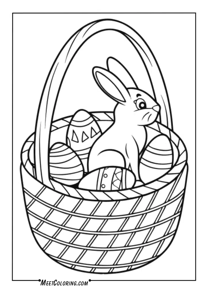 Woven baskets of chocolate bunnies, eggs, and jellybeans